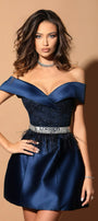 MINI SET TOP CU FUSTA ANTINEA DANTELA GLITTER SATIN ALBASTRU INCHIS
