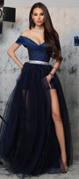 MAXI CROP TOP AND PANTS AND CLOAK SET FLORA GLITTER LACE SATIN TULLE DARK BLUE