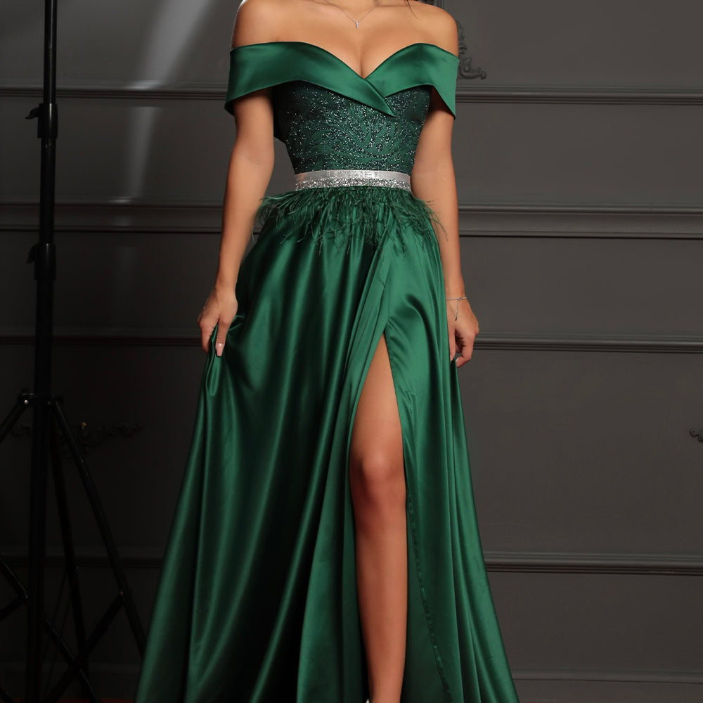 MAXI SKIRT AND CROP TOP SET LILA GLITTER LACE SATIN DARK GREEN
