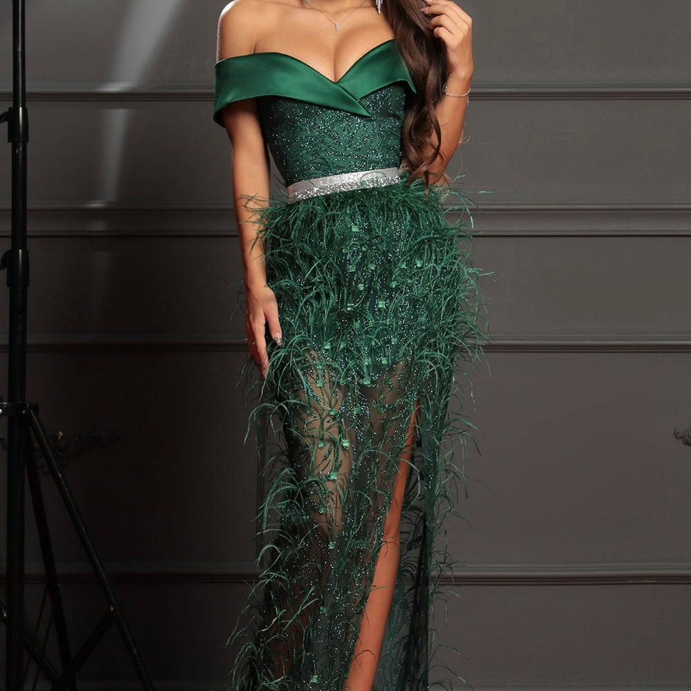 MAXI CONJUNTO TOP CON FALDA VIVIETTE ЕNCAJE BRILLANTE SATÍN PLUMAS VERDE OSCURO
