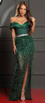 MAXI CONJUNTO TOP CON FALDA VIVIETTE ЕNCAJE BRILLANTE SATÍN PLUMAS VERDE OSCURO