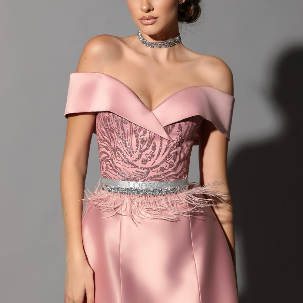 MINI SKIRT AND CROP TOP SET ANTINEA GLITTER LACE SATIN POWDER PINK