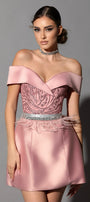 MINI SKIRT AND CROP TOP SET ANTINEA GLITTER LACE SATIN POWDER PINK