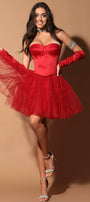 MINI SKIRT AND CROP TOP SET SILVIA SATIN GLITTER TULLE RED