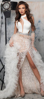 МAXI SET TOP CON GONNA YUMI RASO PIZZO GLITTERATO PIUME ТULLEBIANCO CON NUDO