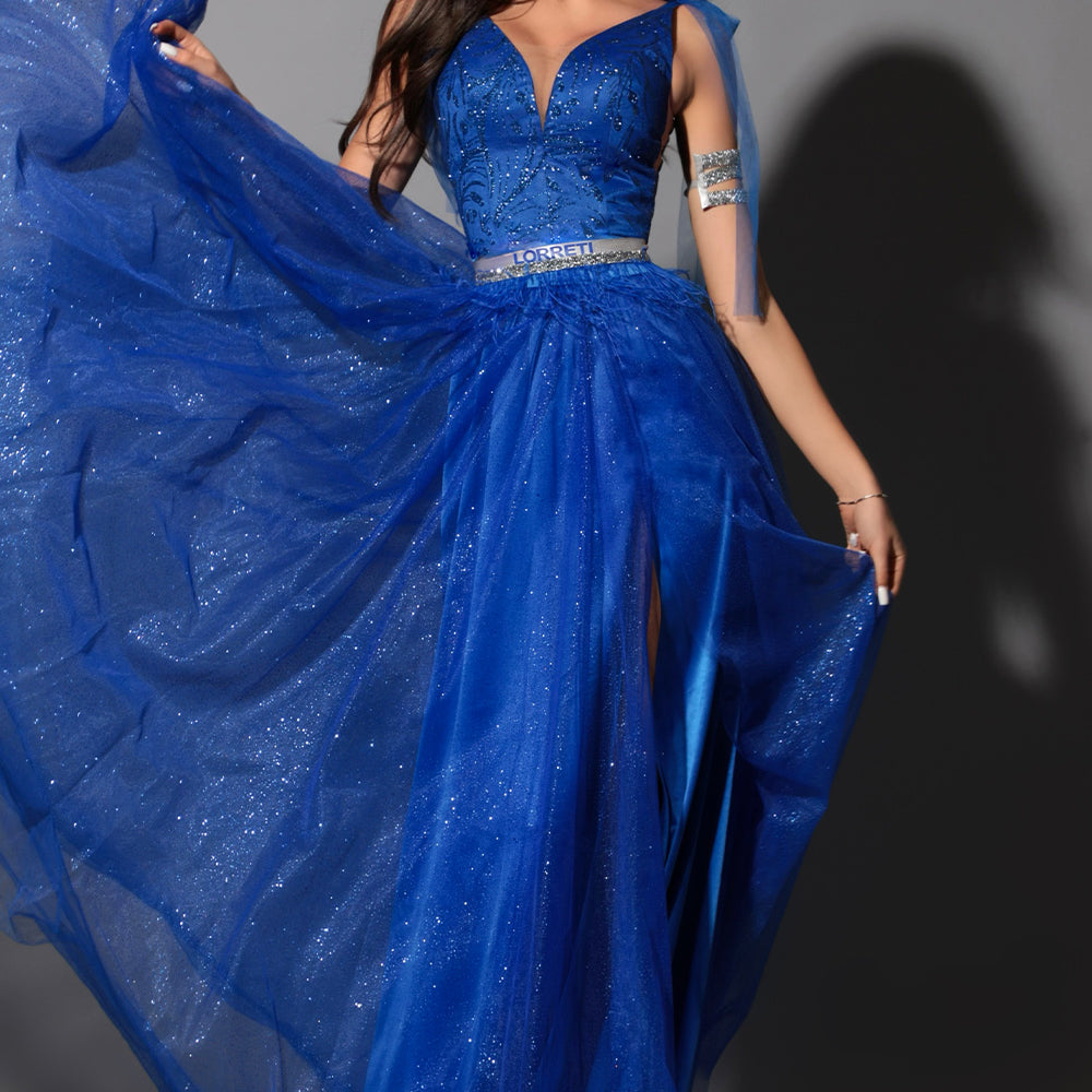 МAXI SET TOP CON GONNA LINA PIZZO GLITTERATO BROCCATO DI TULLE BLU COBALTO