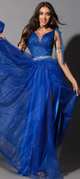 МAXI SET TOP CON GONNA LINA PIZZO GLITTERATO BROCCATO DI TULLE BLU COBALTO