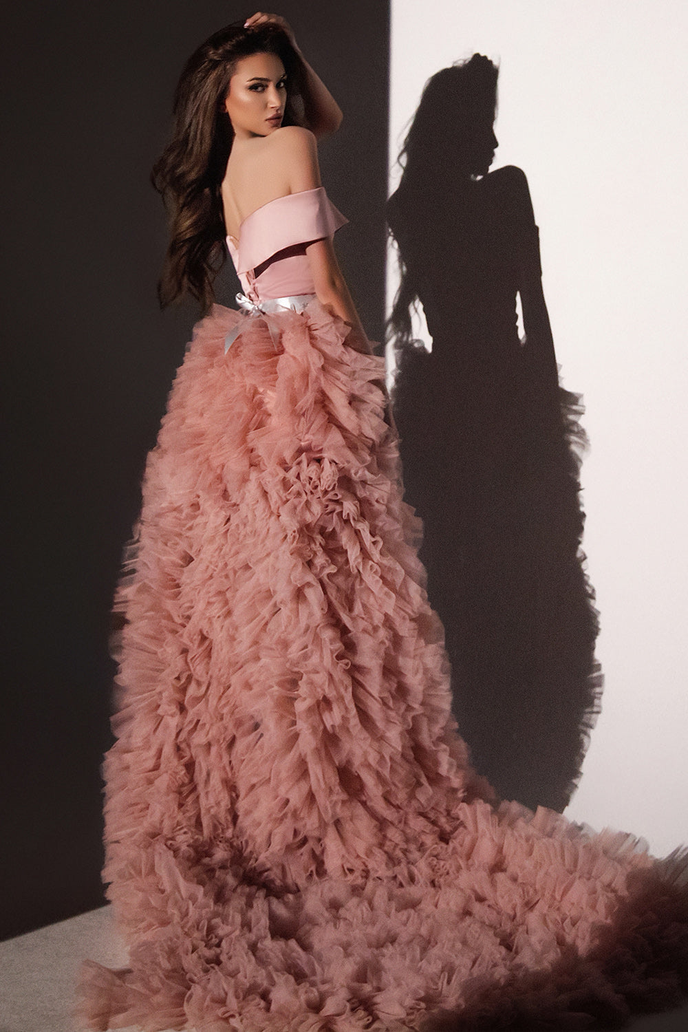 MAXI SKIRT AND CROP TOP SET SUZANNE GLITTER LACE SATIN TULLE POWDER PINK