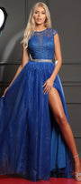 MAXI CONJUNTO TOP CON FALDA ETTA ЕNCAJE BRILLANTE BROCADO DE TUL AZUL COBALTO