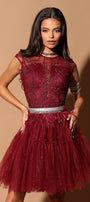 MINI SKIRT AND CROP TOP SET KARMA GLITTER LACE GLITTER TULLE BURGUNDY
