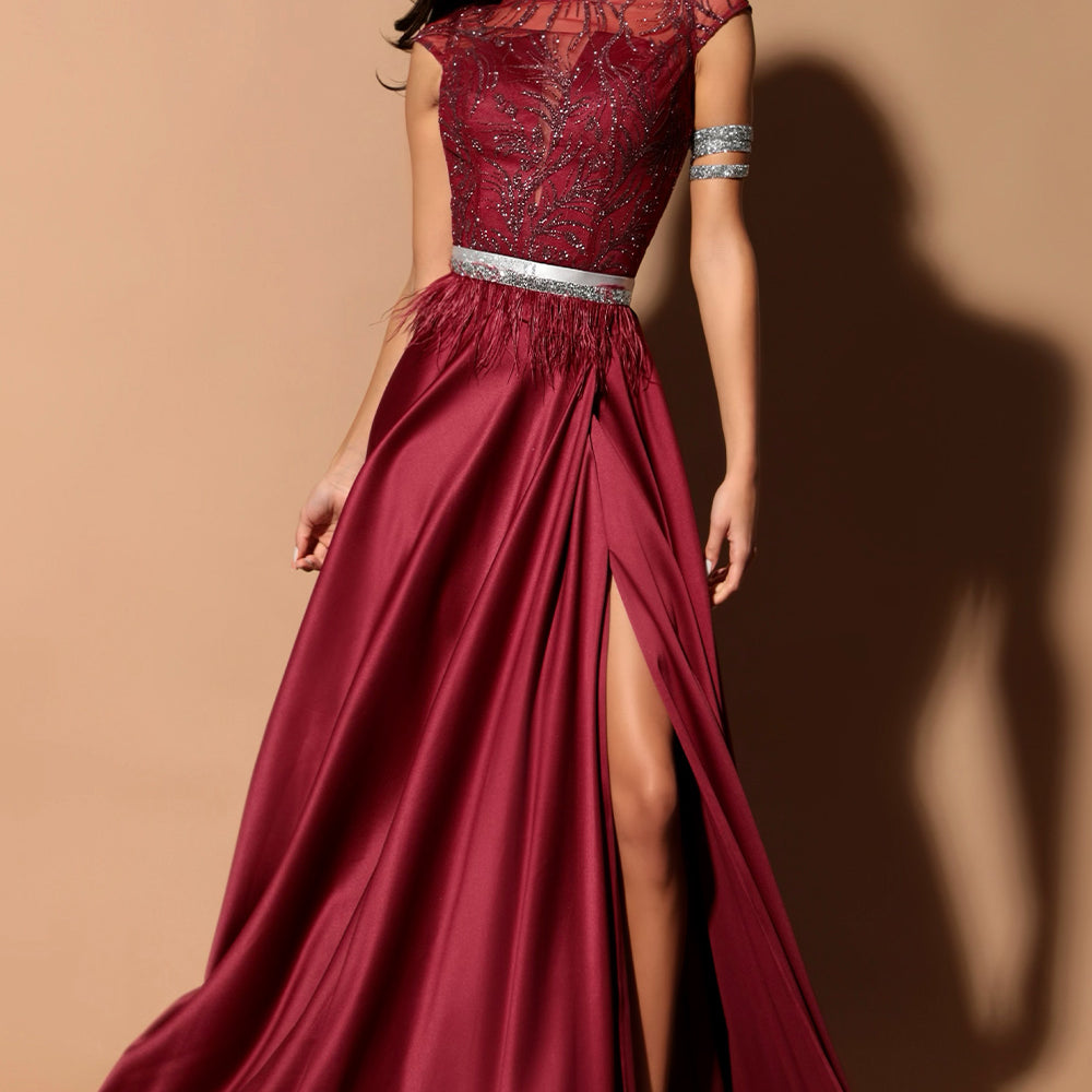 МAXI SET TOP CON GONNA NORABEL PIZZO GLITTERATO RASO BORDEAUX