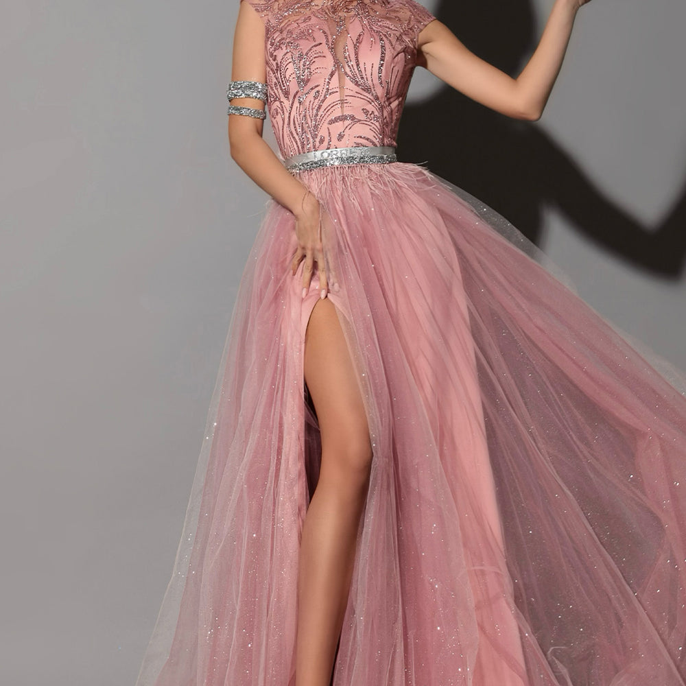 MAXI SET TOP CU FUSTA ETTA DANTELA GLITTER BROCADĂ DE TUL ROZ PUDRA