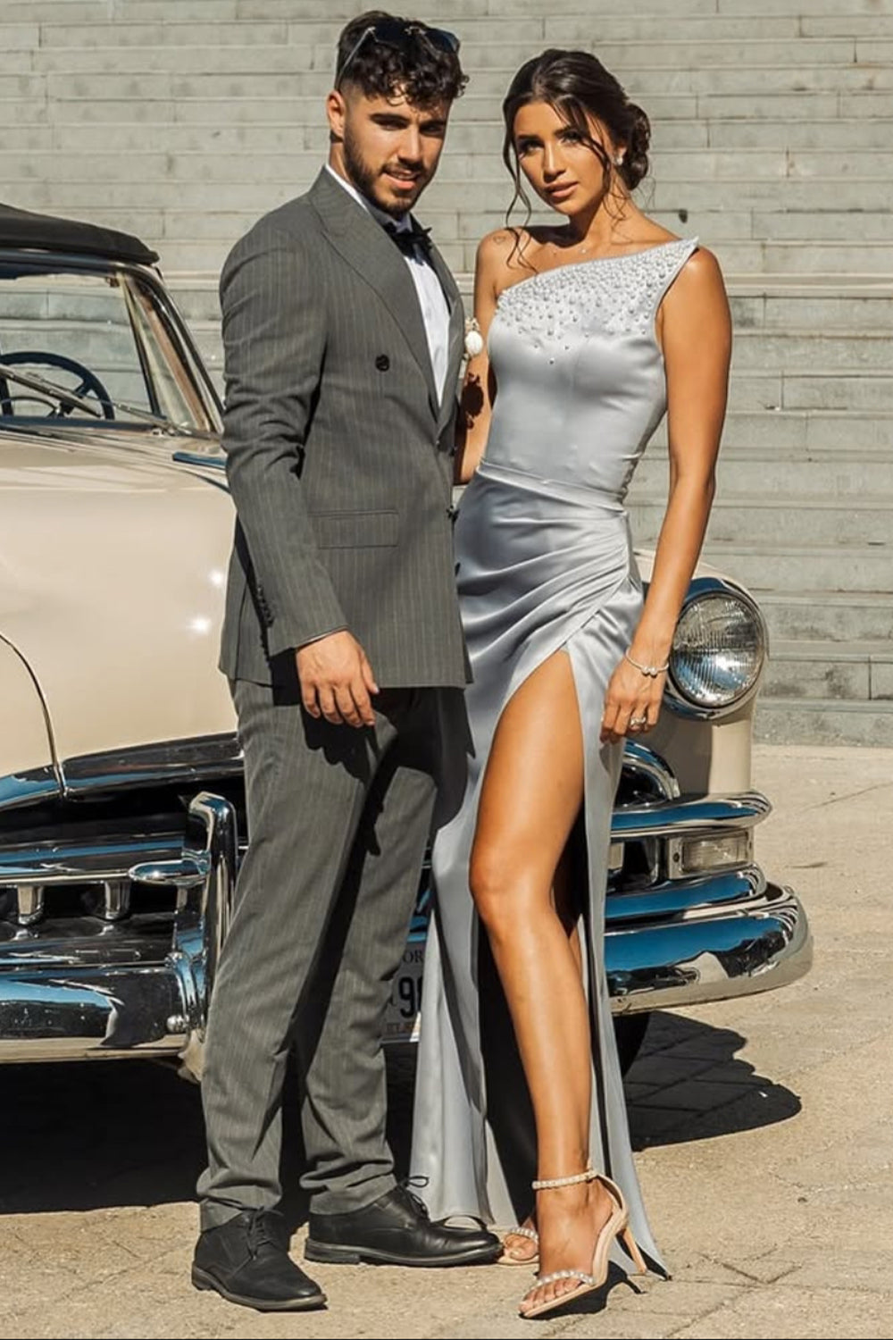 MAXI SKIRT AND CROP TOP SET VESELA SATIN PEARL SILVER