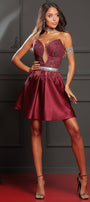 MINI SKIRT AND CROP TOP SET AIDA GLITTER LACE SATIN BURGUNDY