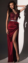 MAXI SKIRT AND CROP TOP SET EKATERINA GLITTER LACE SATIN BURGUNDY