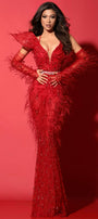 MAXI SKIRT AND CROP TOP AND GLOVES SET ARIANNA SEQUIN FEATHERS RED