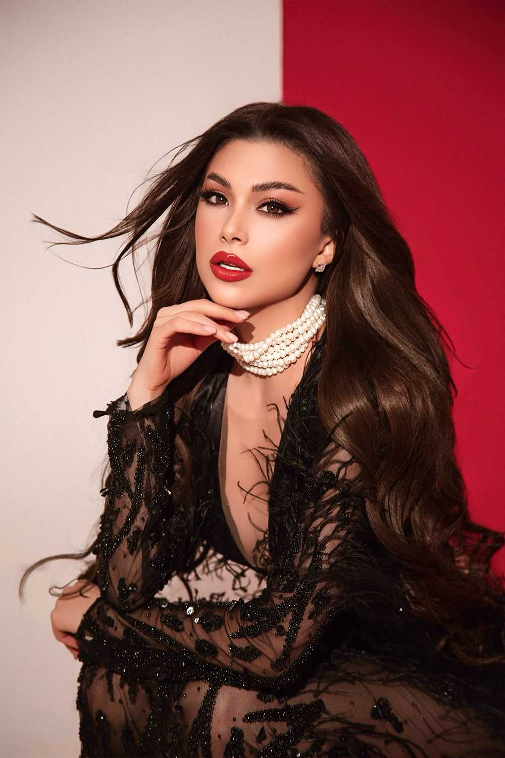 MAXI SKIRT AND CROP TOP SET ROSETTA LACE FEATHERS BLACK