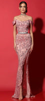 MAXI SKIRT AND CROP TOP SET CELESTINA LACE SATIN POWDER PINK