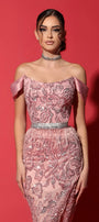 MAXI SKIRT AND CROP TOP SET CELESTINA LACE SATIN POWDER PINK