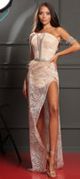 MAXI SET TOP CU FUSTA ADELINA DANTELA GLITTER CRISTALE ALBA ȘI NUDE