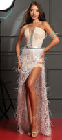 MAXI CONJUNTO TOP CON FALDA MINA ЕNCAJE BRILLANTE PEDRERÍA PLUMAS BLANCO CON NUDE