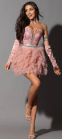 MINI SKIRT AND CROP TOP SET HAZEL GLITTER LACE TULLE RHINESTONE POWDER PINK