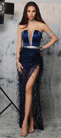 MAXI SKIRT AND CROP TOP SET EMMANUELLE SATIN RHINESTONE GLITTER LACE FEATHERS DARK BLUE