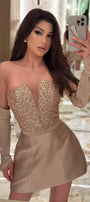 MINI SKIRT AND CROP TOP SET AMBROSIA SEQUIN SATIN CARAMEL
