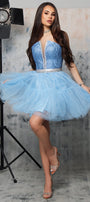 MINI SKIRT AND CROP TOP SET IZUMI GLITTER LACE RHINESTONE TULLE LIGHT BLUE