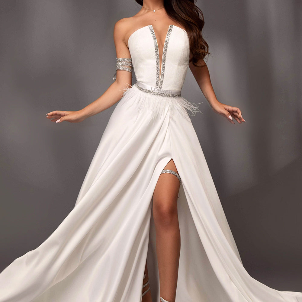 MAXI SKIRT AND CROP TOP SET KATALINA GLITTER LACE RHINESTONE SATIN WHITE