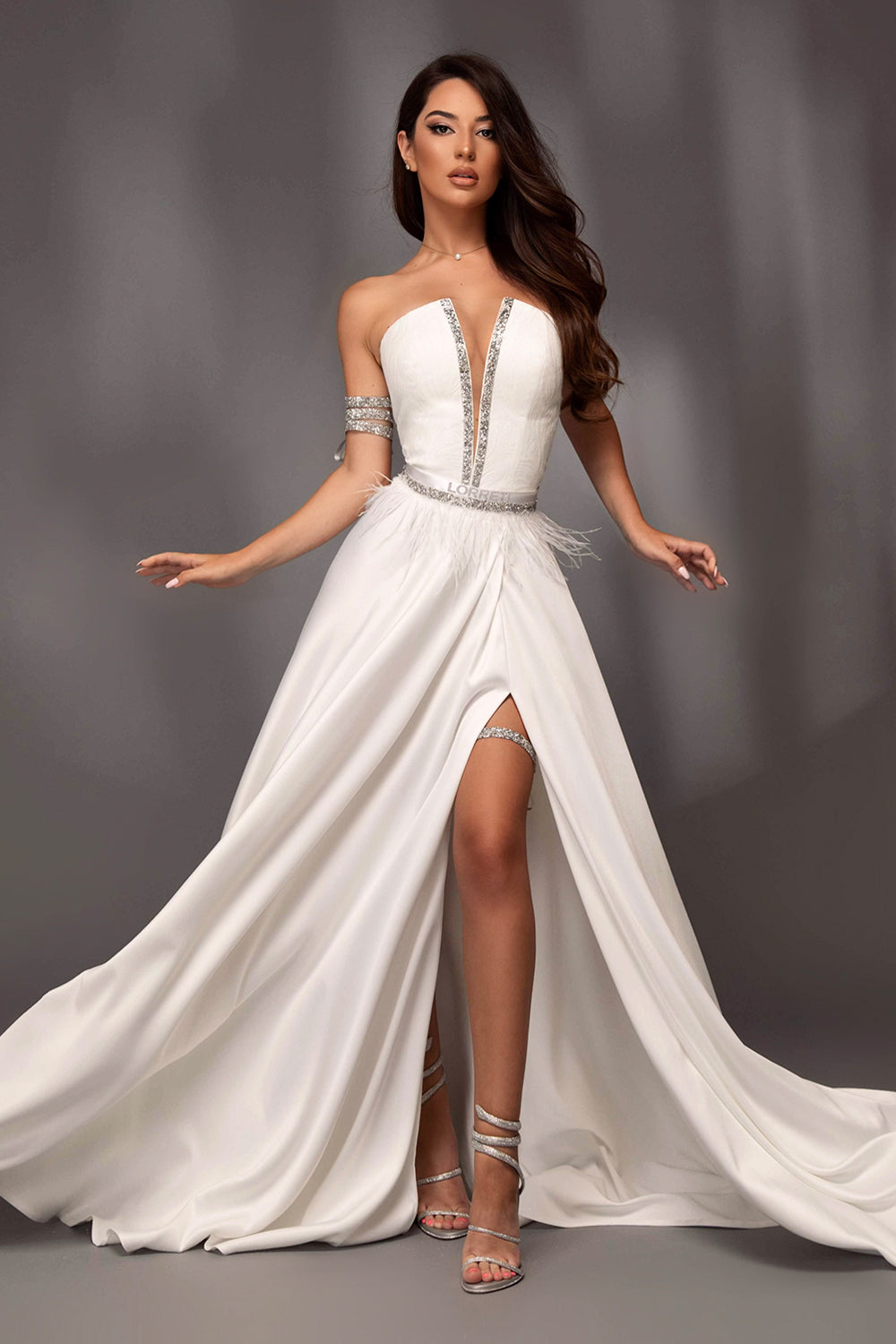 MAXI SKIRT AND CROP TOP SET KATALINA GLITTER LACE RHINESTONE SATIN WHITE