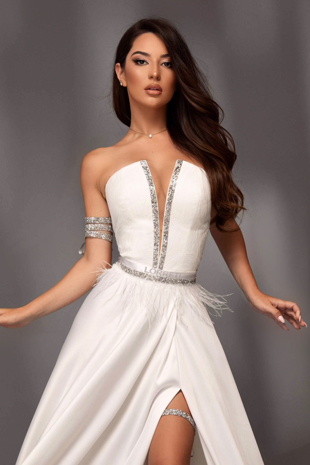 MAXI SKIRT AND CROP TOP SET KATALINA GLITTER LACE RHINESTONE SATIN WHITE