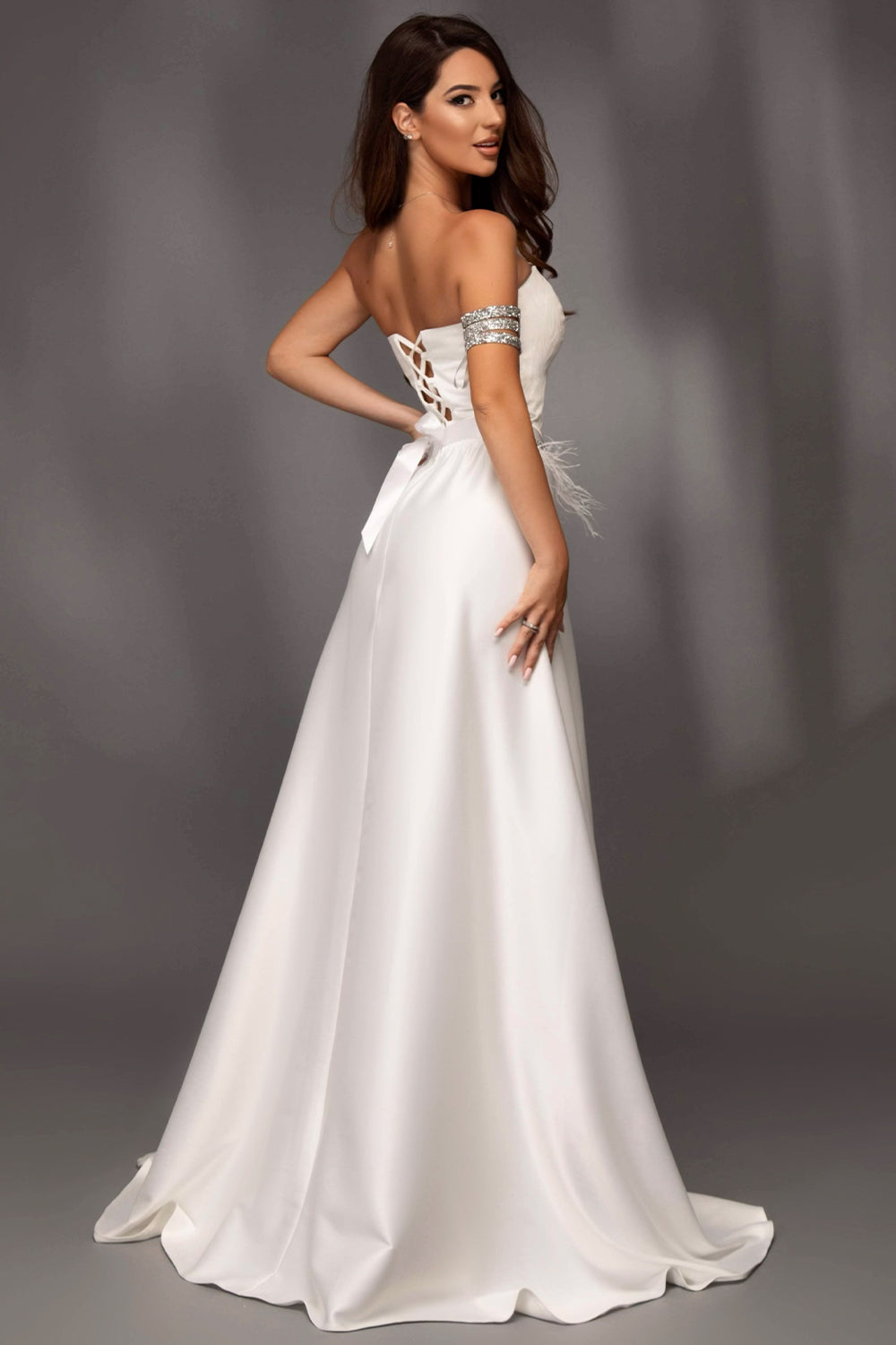 MAXI SKIRT AND CROP TOP SET KATALINA GLITTER LACE RHINESTONE SATIN WHITE