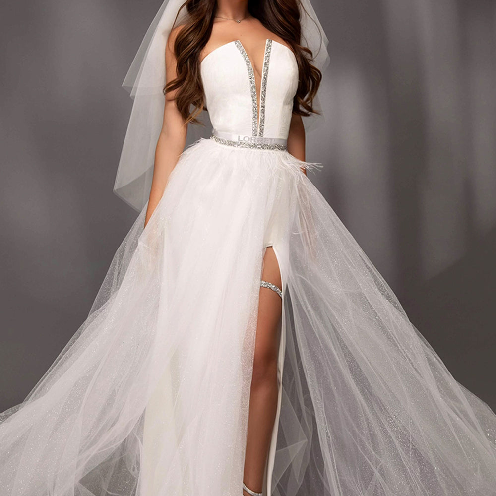 MAXI SKIRT AND CROP TOP SET TIANA GLITTER LACE RHINESTONE GLITTER TULLE WHITE