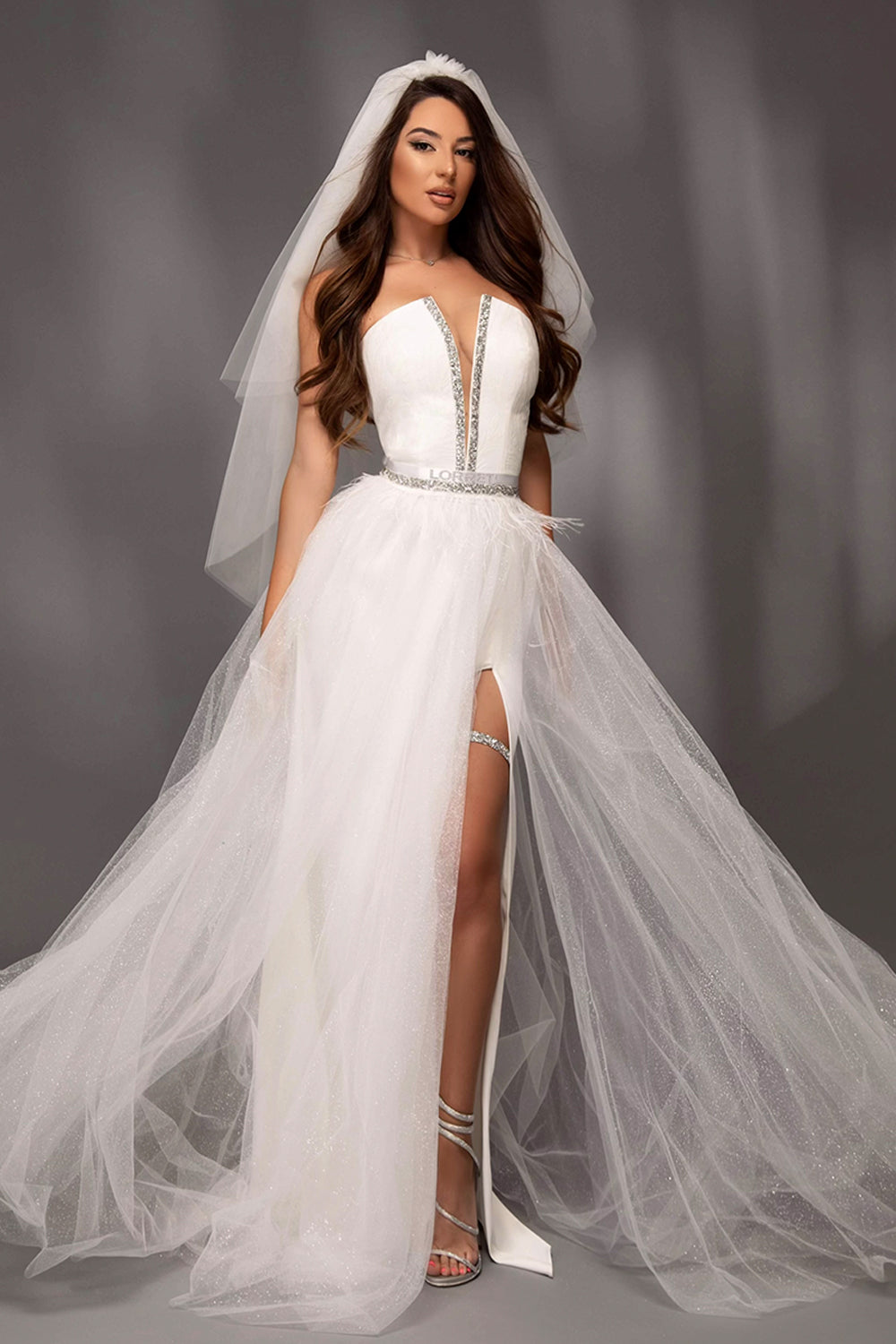 MAXI SKIRT AND CROP TOP SET TIANA GLITTER LACE RHINESTONE GLITTER TULLE WHITE