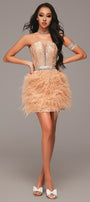 MINI SKIRT AND CROP TOP SET GIA GLITTER LACE RHINESTONE FEATHERS GOLDEN