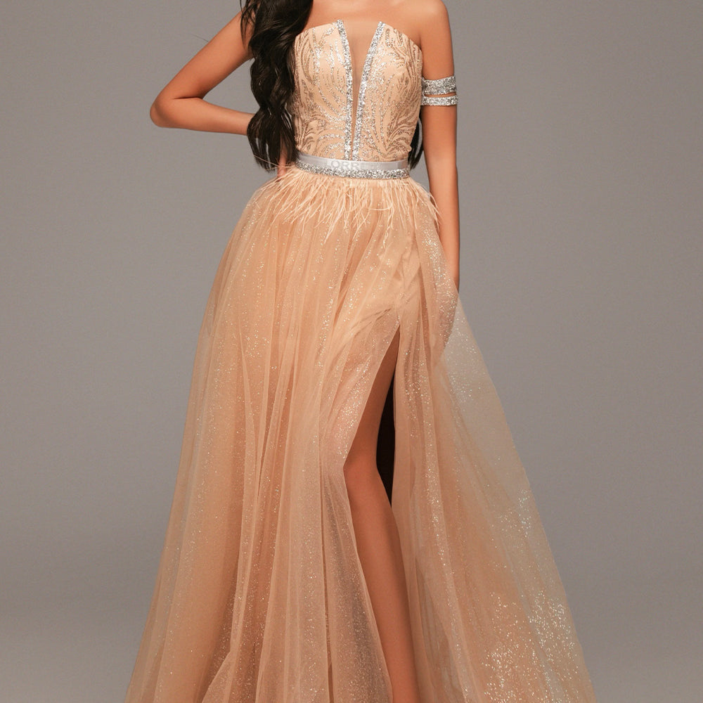 MAXI SKIRT AND CROP TOP SET TIANA GLITTER LACE RHINESTONE GLITTER TULLE GOLDEN
