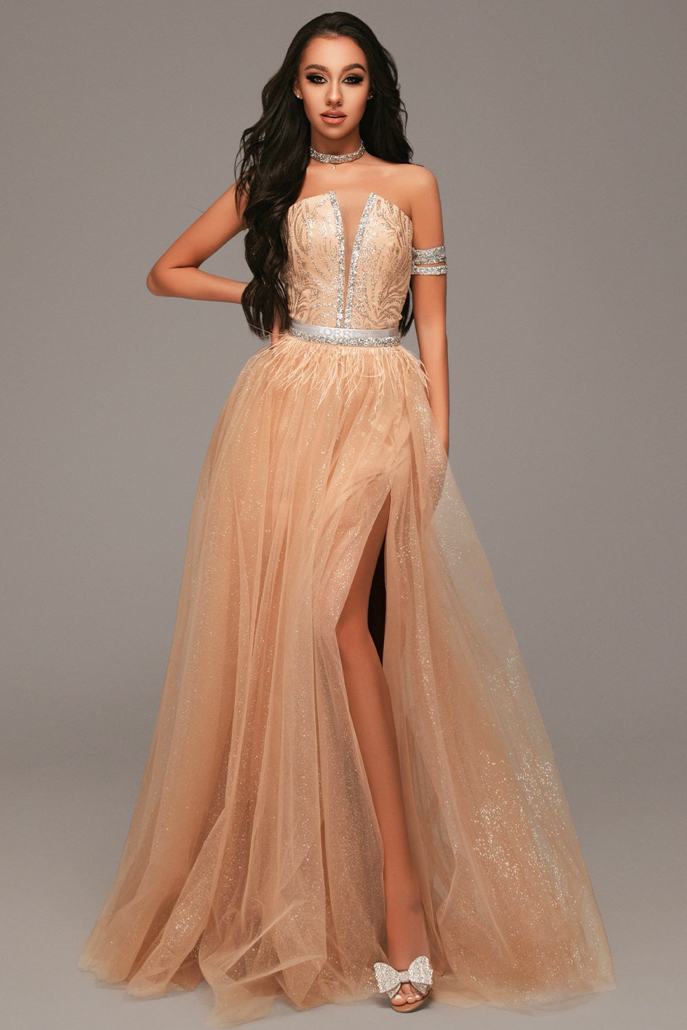 MAXI CONJUNTO TOP CON FALDA TIANA ЕNCAJE BRILLANTE PEDRERÍA BROCADO DE TUL DORADO