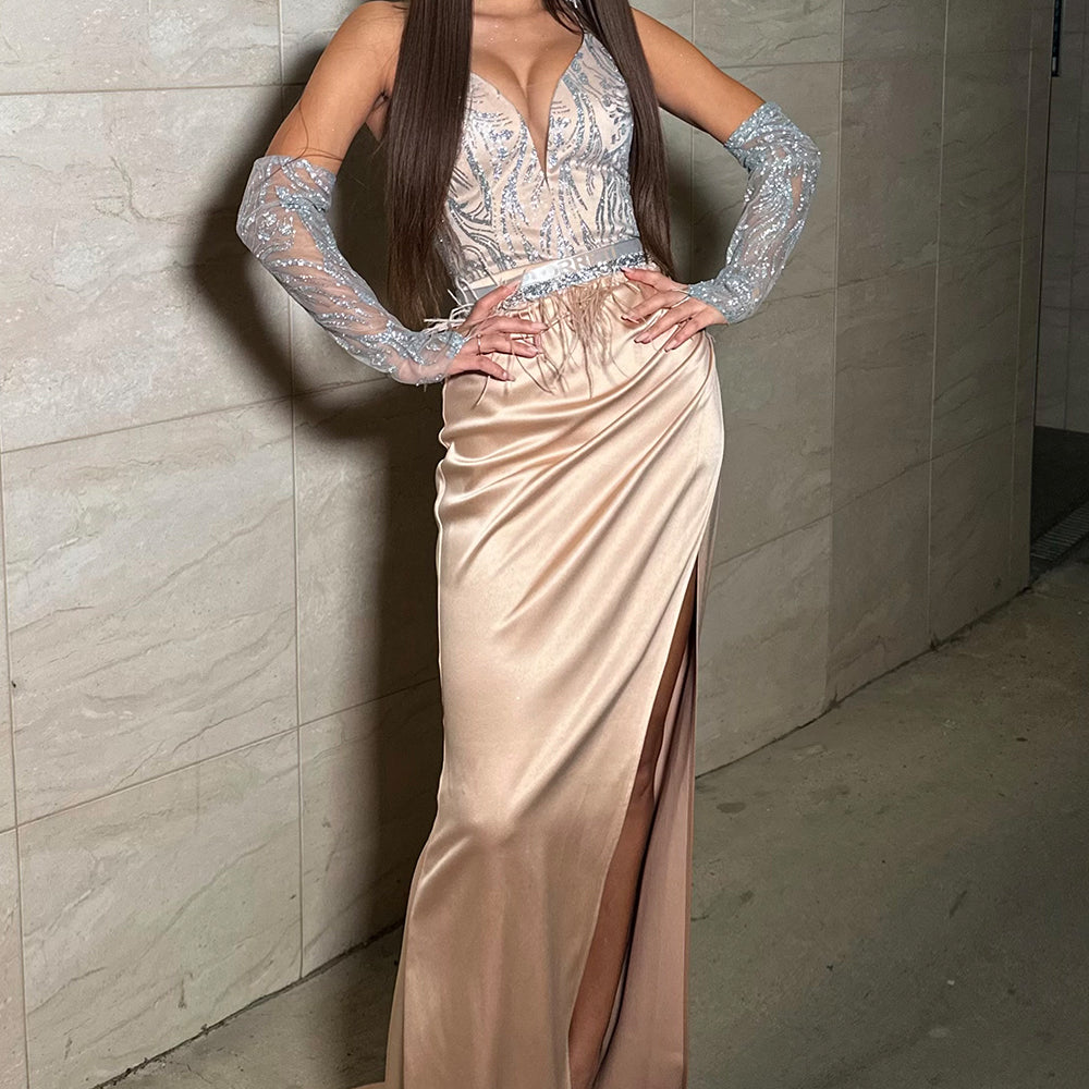MAXI CONJUNTO TOP CON FALDA ARABELLA ЕNCAJE BRILLANTE SATÍN NUDE CON PLATEADO