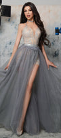 МAXI SET TOP CON PANTALONI E MANTELLO STEPHANIE PIZZO GLITTERATO BROCCATO DI TULLE ARGENTO CON NUDO