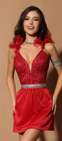 MINI SKIRT AND CROP TOP SET NATALY GLITTER LACE SATIN RED