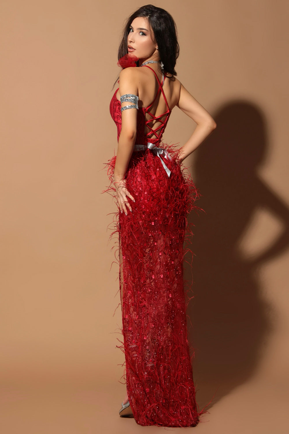 MAXI SKIRT AND CROP TOP SET ANETA GLITTER LACE FEATHERS RED