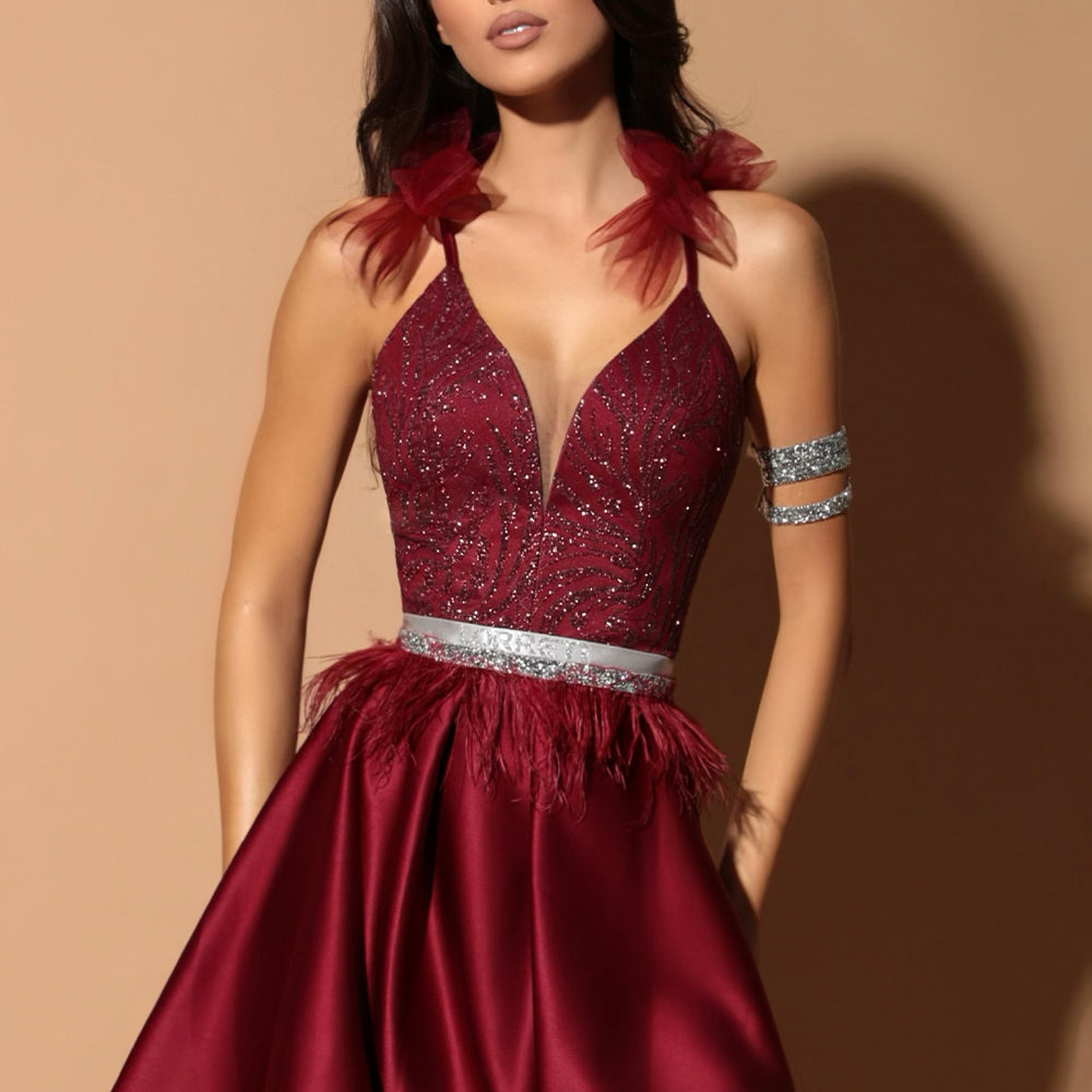 MINI SKIRT AND CROP TOP SET UNONNA GLITTER LACE SATIN BURGUNDY