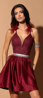 MINI SKIRT AND CROP TOP SET UNONNA GLITTER LACE SATIN BURGUNDY