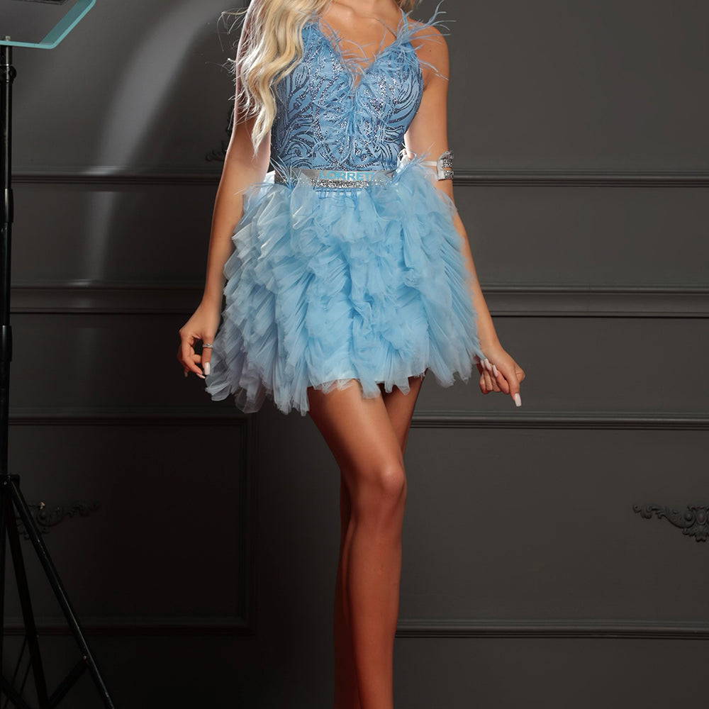 МINI SET TOP CON GONNA BERNARDA PIZZO GLITTERATO PIUME ТULLE BLU CHIARO