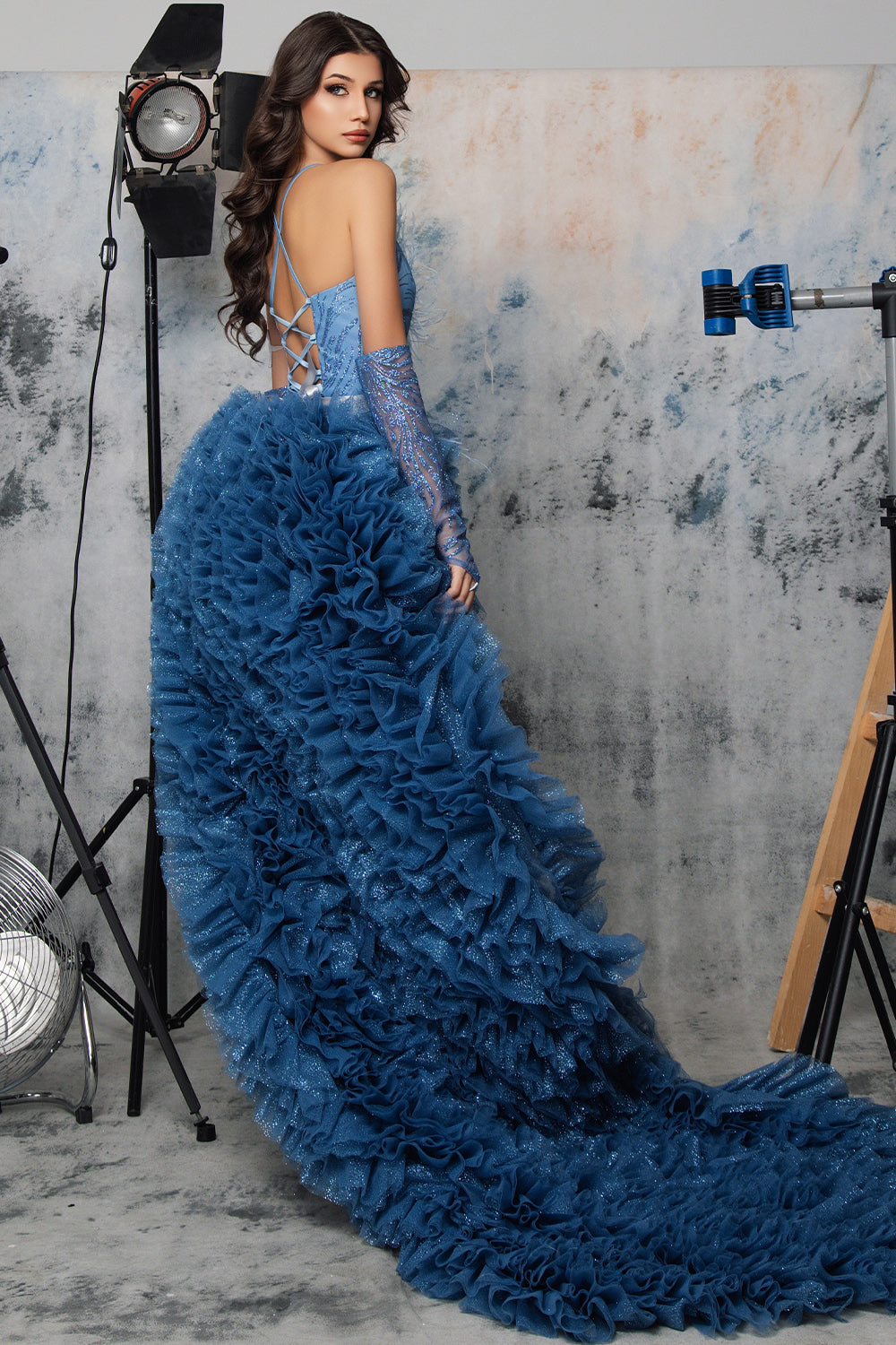 MAXI SKIRT AND CROP TOP SET ROSELYN GLITTER LACE FEATHERS LIGHT BLUE