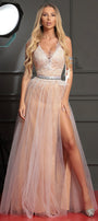 MAXI SKIRT AND CROP TOP SET BRISTOL GLITTER LACE FEATHERS GLITTER TULLE WHITE AND NUDE