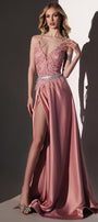 MAXI SKIRT AND CROP TOP SET SOPHY GLITTER LACE FEATHERS SATIN POWDER PINK