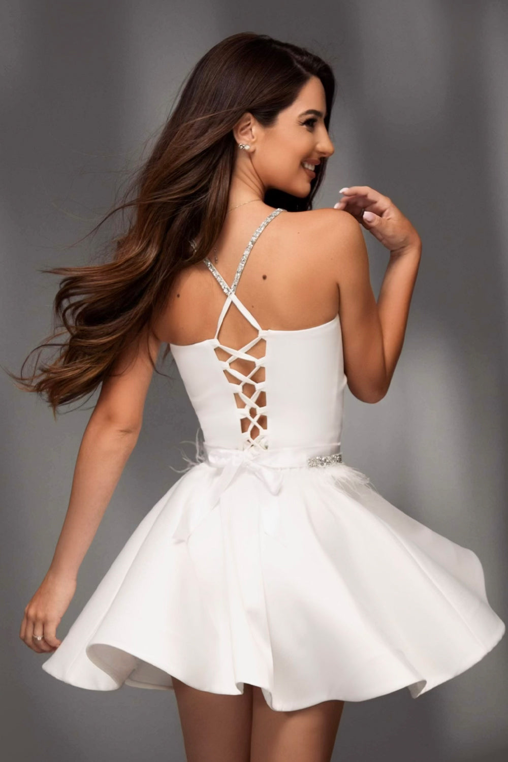 MINI SKIRT AND CROP TOP SET AMETHYST SATIN RHINESTONE WHITE