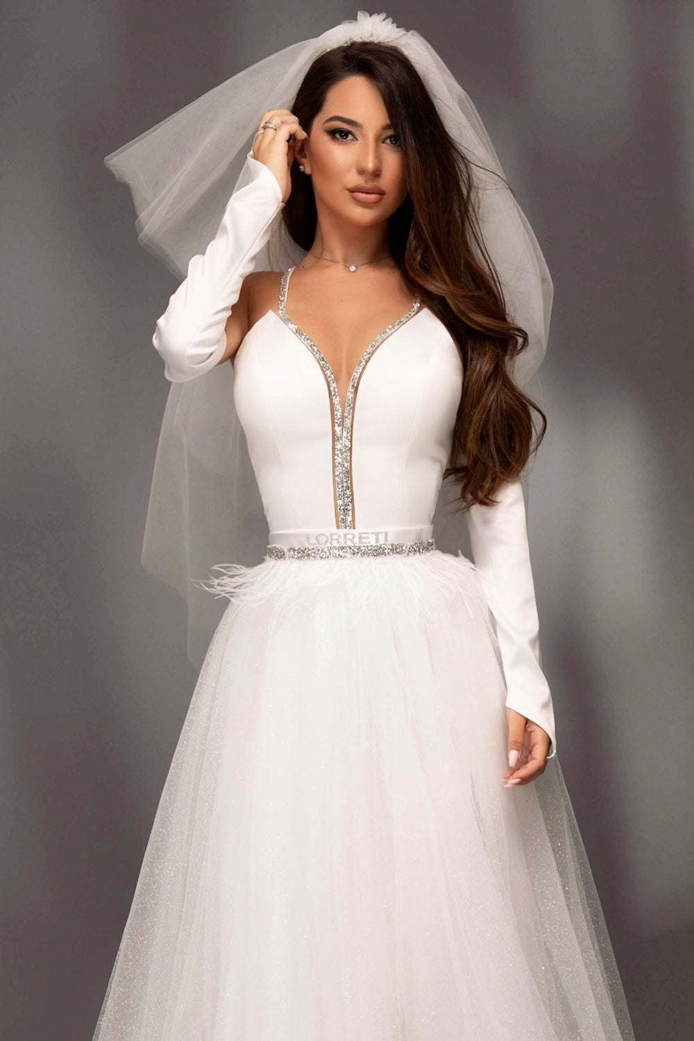 MAXI SKIRT AND CROP TOP SET BRIAR SATIN RHINESTONE GLITTER TULLE WHITE